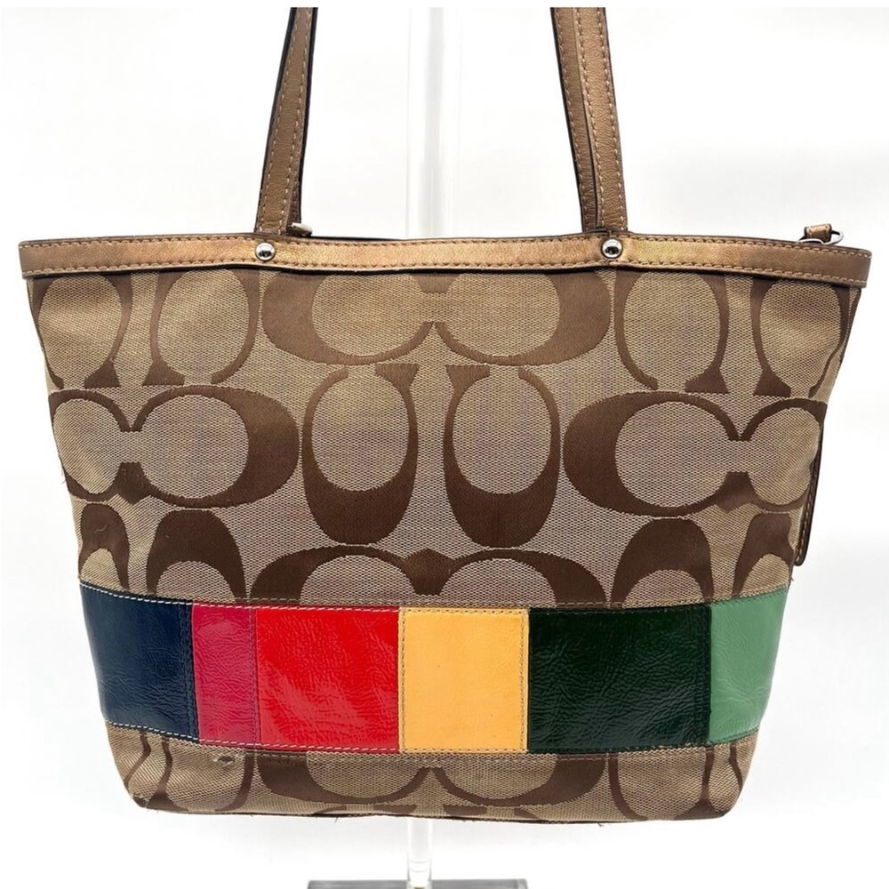 COACH LEGACY SIGNATURE CANVAS TOTE WITH MULTICOLORED STRIPE